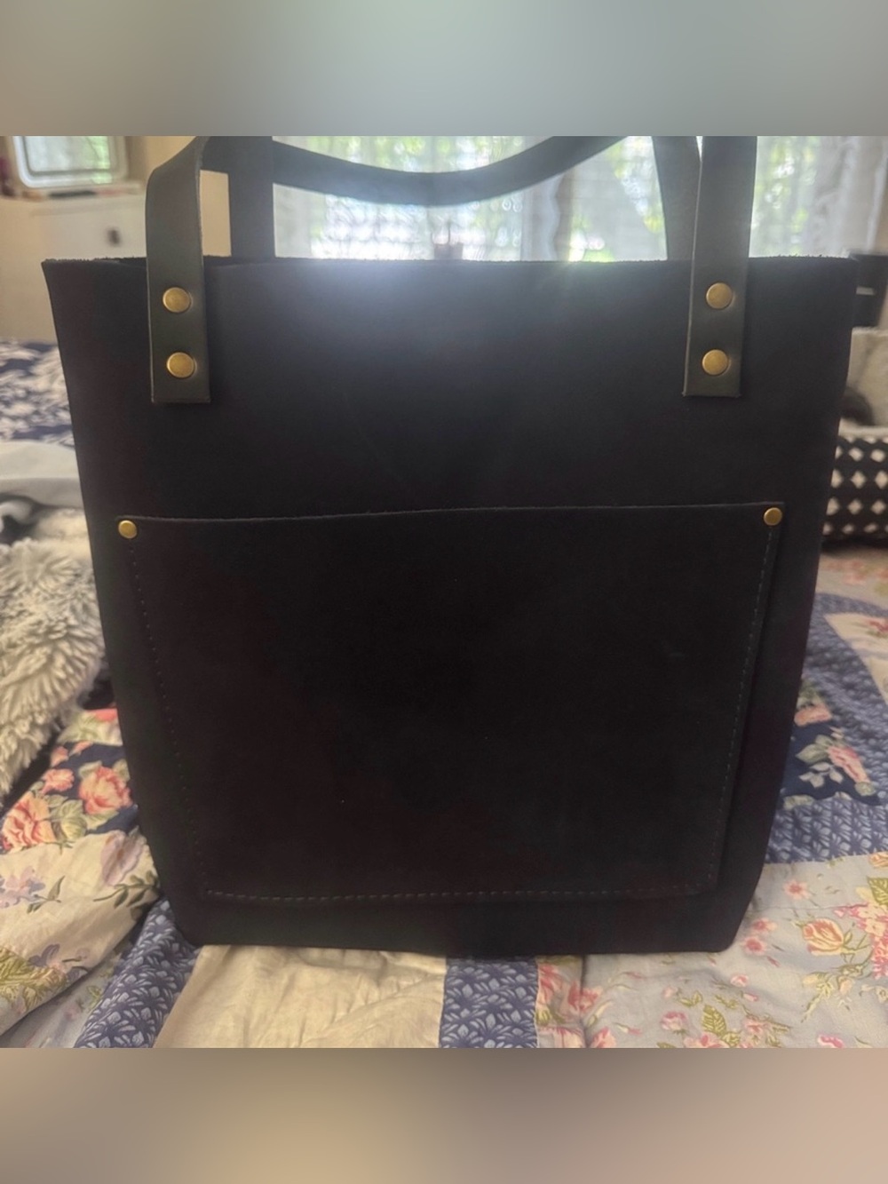 Portland leather small Structured Navy Tote with Front Pocket and Shoulder Strap